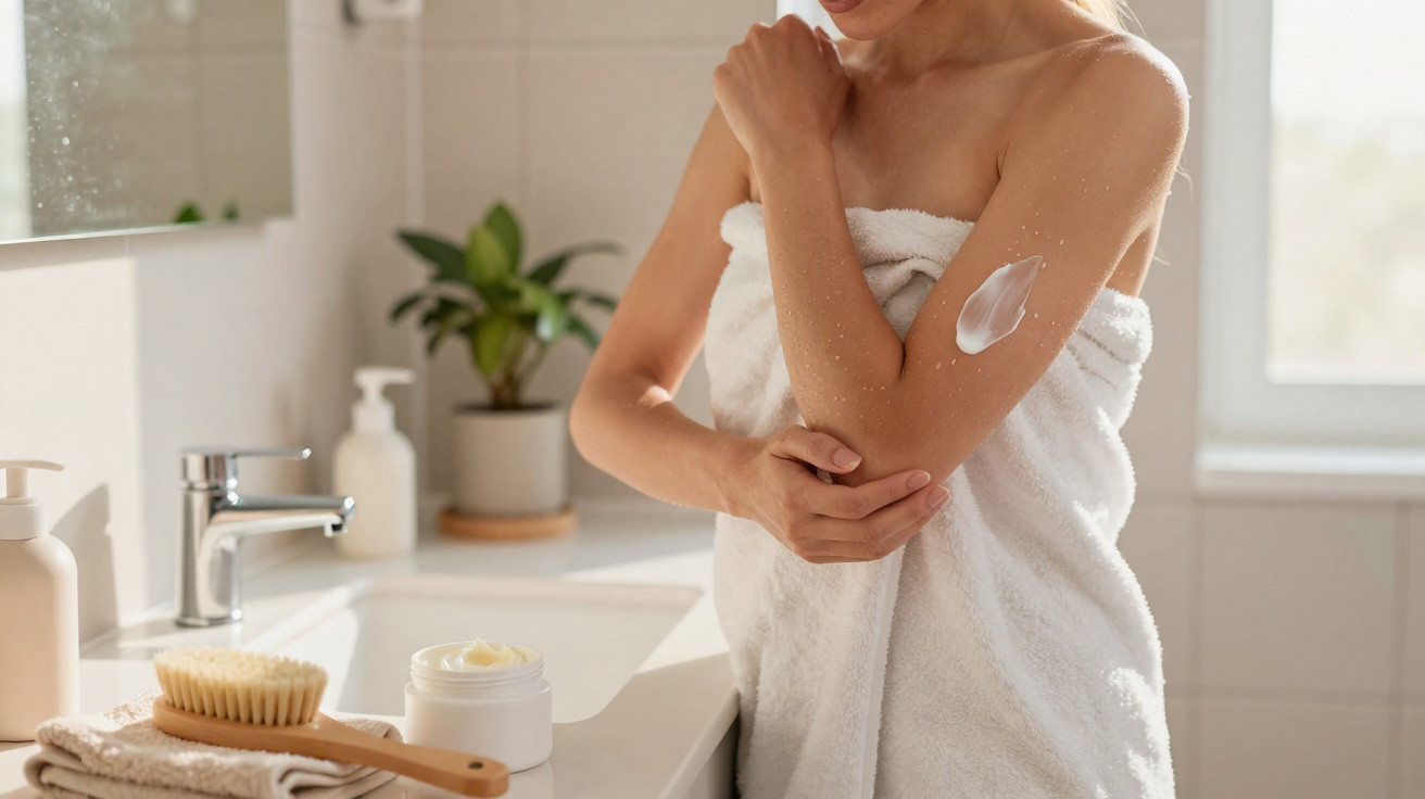 Woman in white towel applying cream to her arm in a bright bathroom next to skincare products and a brush