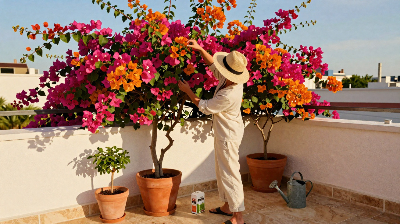 Person in beige clothes and hat tending vibrant pink and orange bougainvillea plants on a sunny terrace.