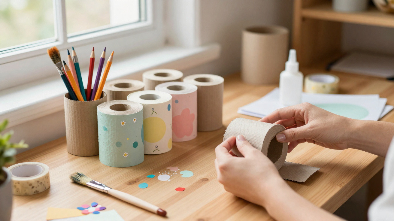 Hands crafting with decorated cardboard tubes, coloured pencils, brushes, and paper on a wooden table next to a window.