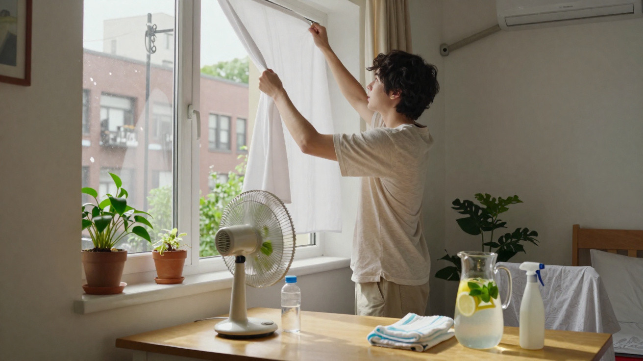 Person opening white curtains in a bright room with plants, fan, and a table set with lemon water and cleaning supplies.