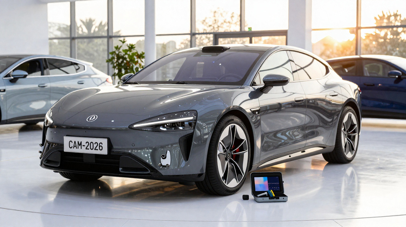 Grey modern electric car on display in a showroom with a digital device placed in front of it.