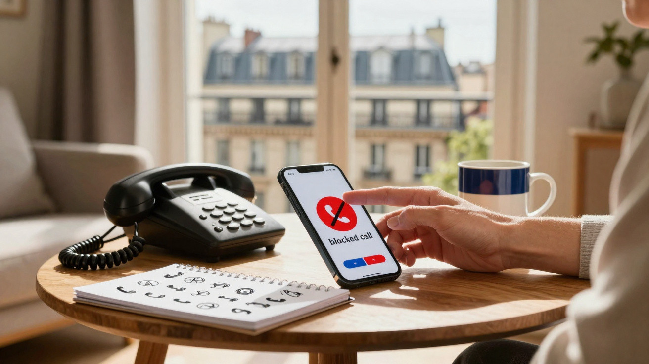 Person holding smartphone showing a blocked call notification on a wooden table with a phone and notepad nearby.