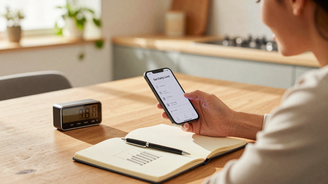 Person holding smartphone displaying daily task list next to open notebook with pen and digital clock on wooden table.