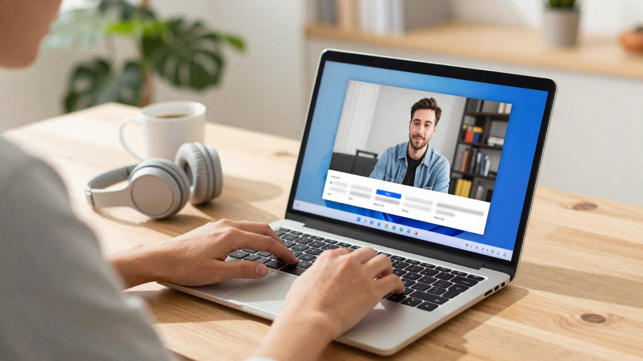 Person attending a video call on a laptop at a wooden desk with headphones nearby.