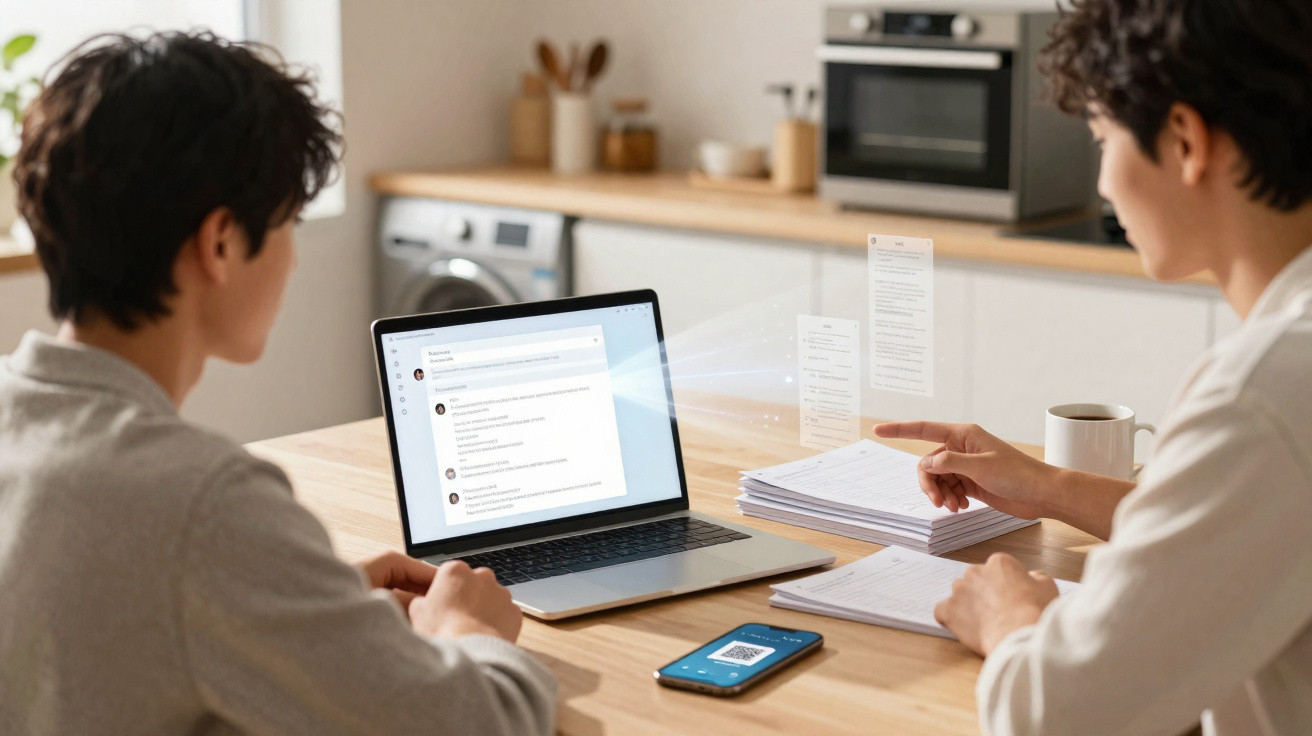 Two people discussing documents with a laptop and phone on a wooden kitchen table.