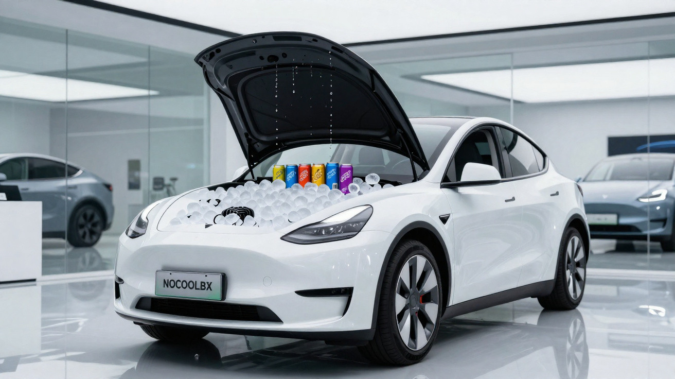 White Tesla with open bonnet filled with ice and colourful soda cans in a bright showroom.