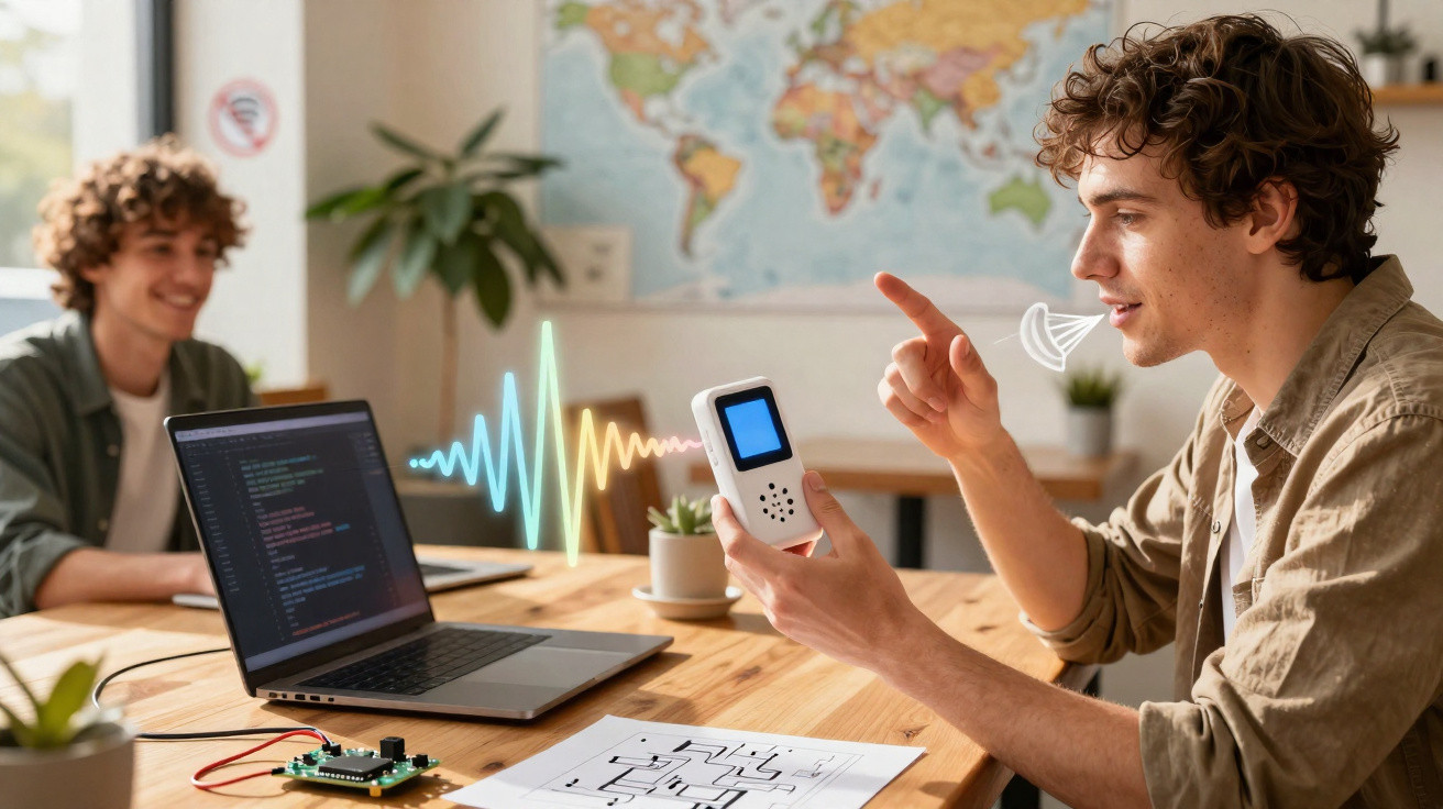 Two young men in a room with a laptop, electronic device, and circuit diagram, analysing sound waves.