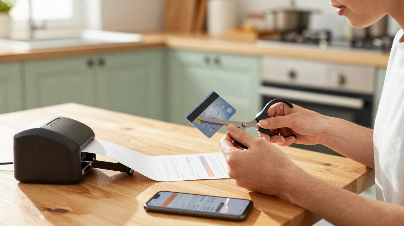 Person cutting a blue credit card with scissors beside a printed bill and smartphone on a wooden kitchen table.