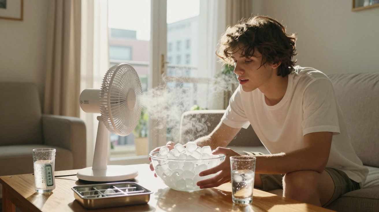 Young man cooling off with a bowl of ice in front of an electric fan on a sunny day indoors.