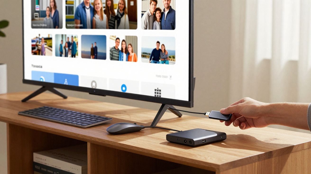 Hand plugging a USB stick into a device connected to a screen displaying family photos on a wooden desk.