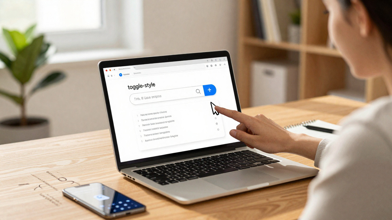 Person using a laptop on a wooden desk, interacting with a search interface labeled toggle-style.