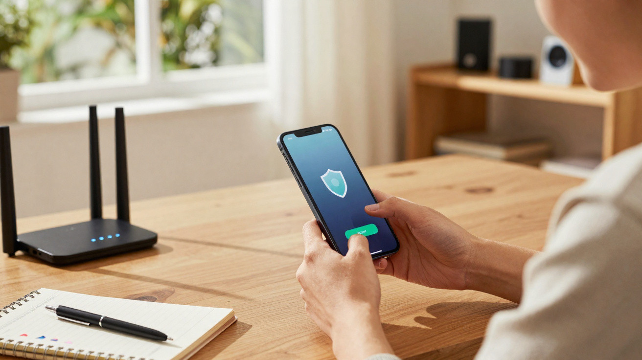 Person holding smartphone showing a shield icon for internet security beside a router on a wooden table.