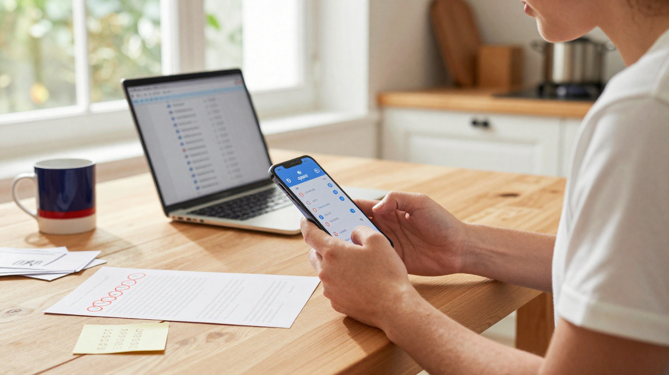 Person using a smartphone while sitting at a wooden table with a laptop, papers, and a coffee mug nearby.