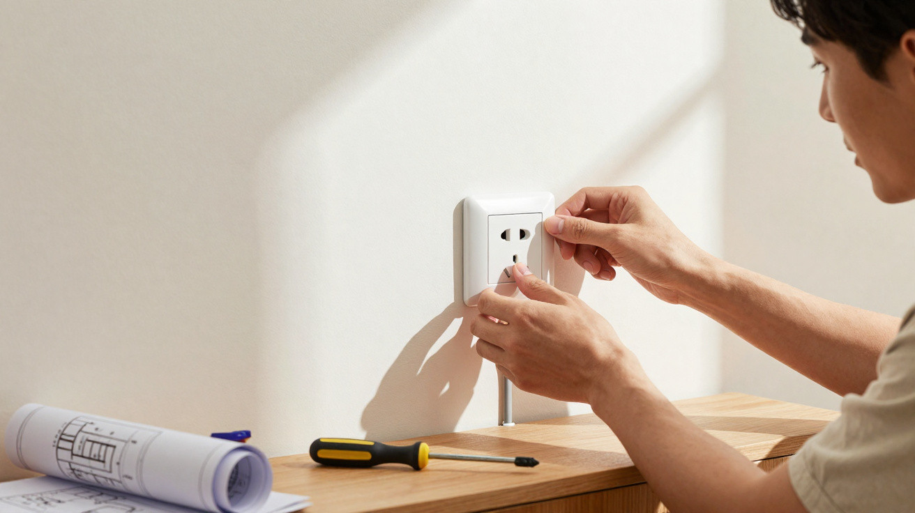 Person installing a white electrical socket on a wall with a screwdriver and blueprints nearby.