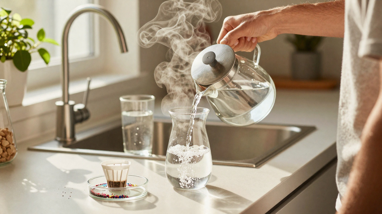 Hand pouring steaming hot water from a kettle into a glass carafe on a kitchen counter near a sink.