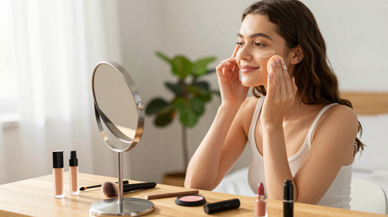 Young woman applying foundation with makeup sponge in front of mirror at wooden table with cosmetics.