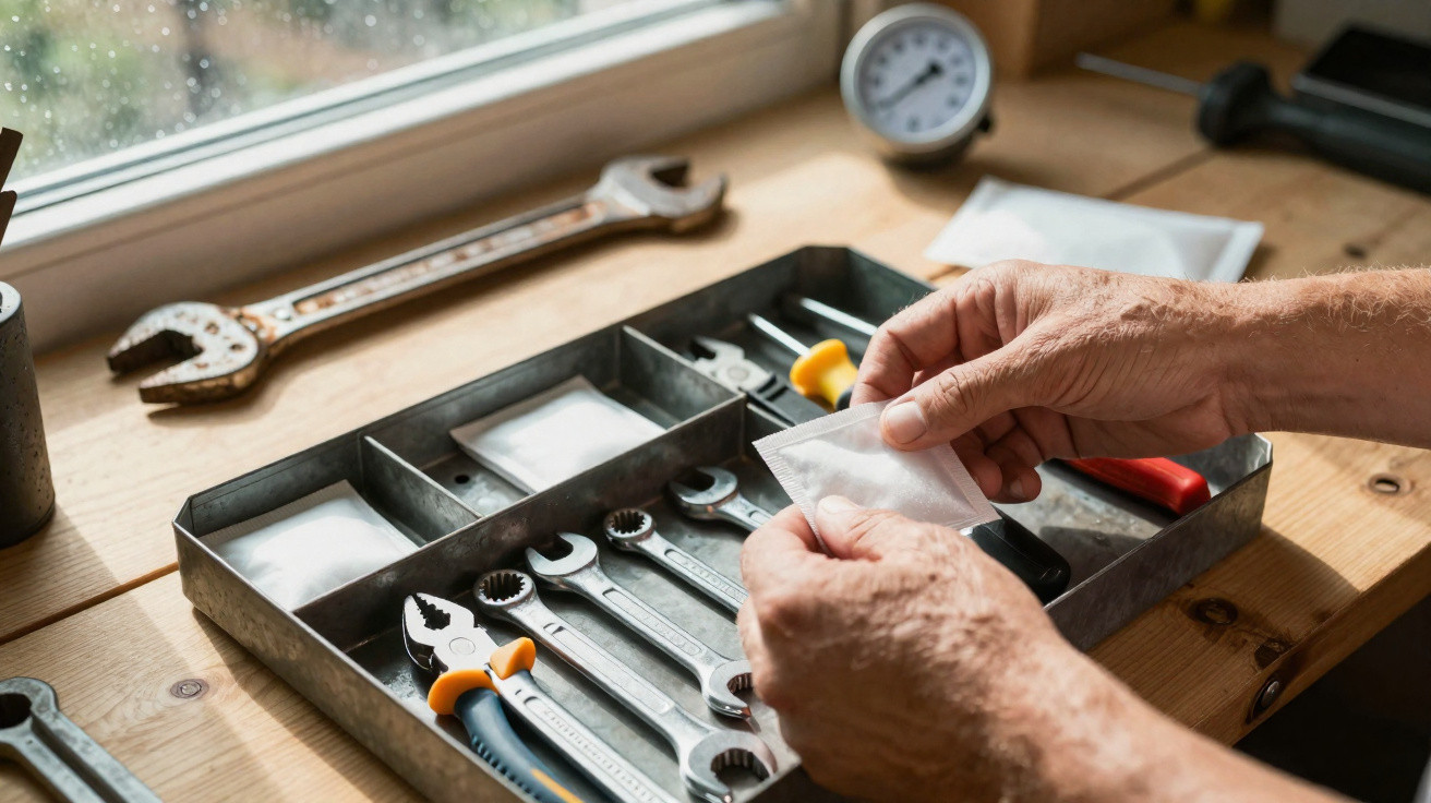 Hands holding a small packet above a tray of wrenches and pliers on a wooden workbench by a window.