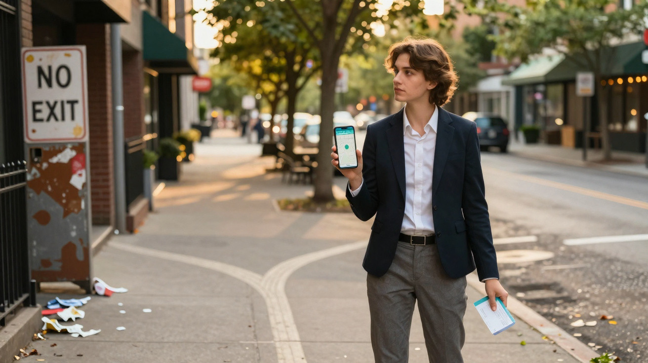 Young person in smart casual clothes holds a phone and booklet, standing on a city sidewalk near a No Exit sign.