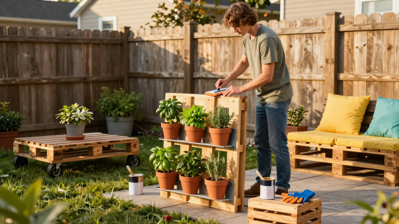 Young man sanding a wooden plant shelf with potted herbs in a sunny backyard garden.