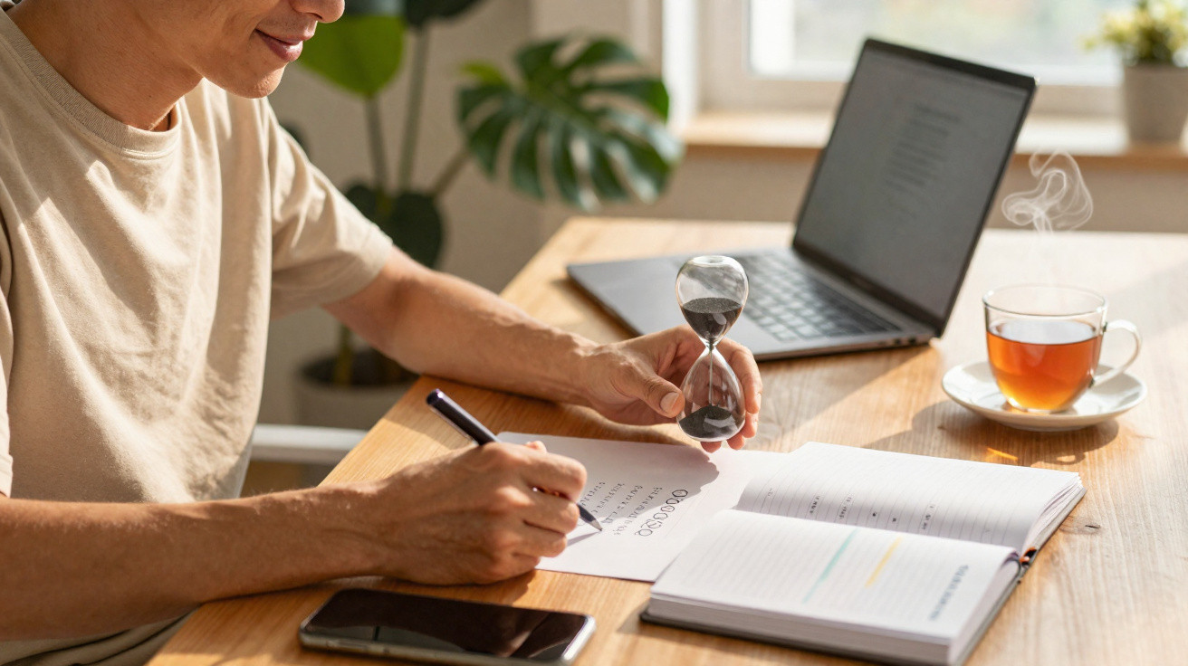 Person holding an hourglass and writing notes at a desk with a laptop, phone, notebook, and steaming cup of tea.