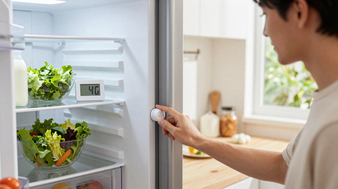 Man adjusting thermostat knob on open fridge door with salad bowls and digital thermometer inside.