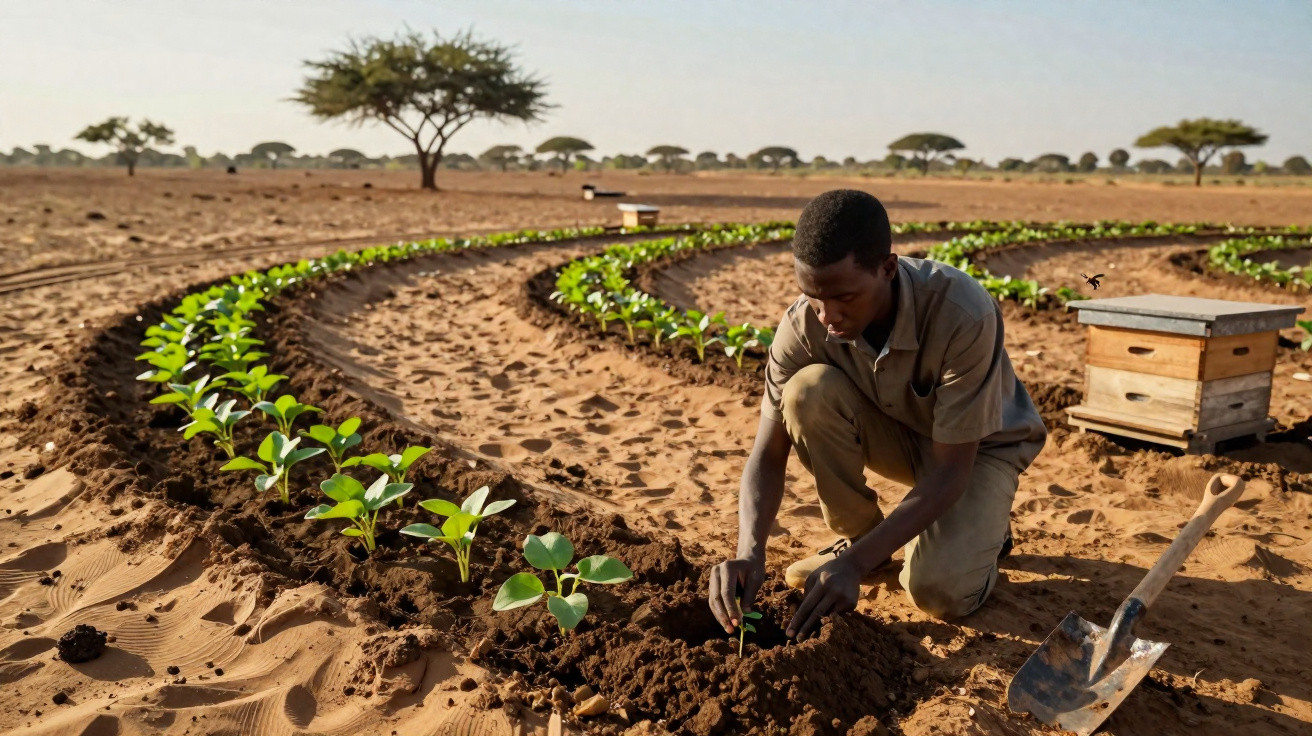 Man planting crops in curved rows in arid soil with scattered trees and a shovel nearby.