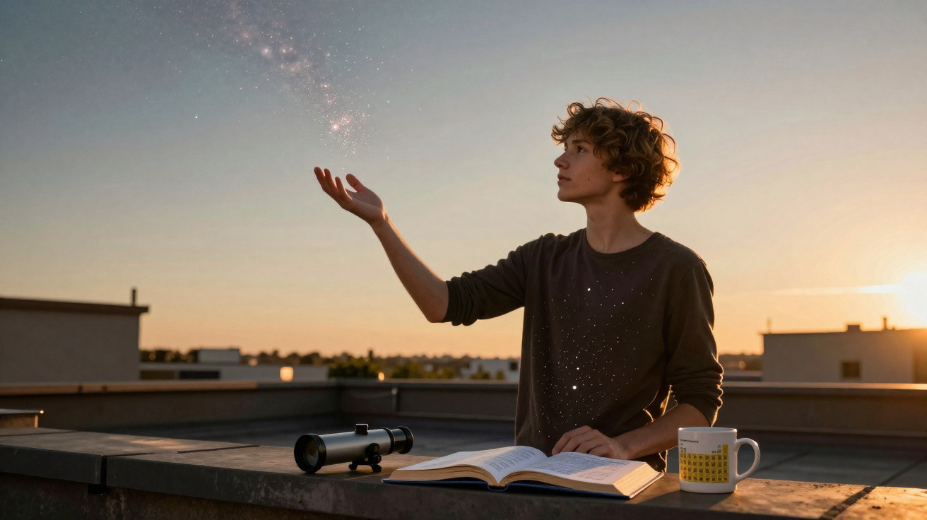 Teenager on rooftop at sunset with telescope, book, and mug, reaching towards sparkling stars in the sky.