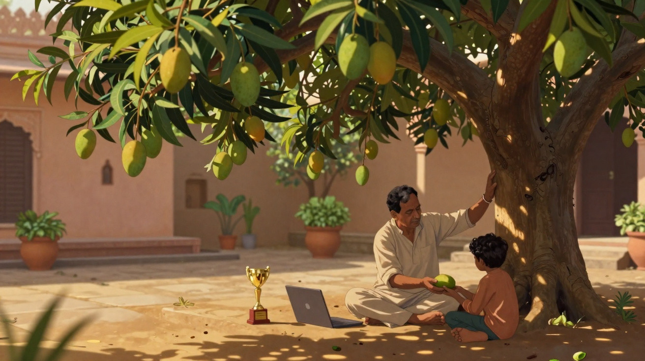 A man and child sitting under a mango tree with a laptop and trophy nearby in a courtyard.