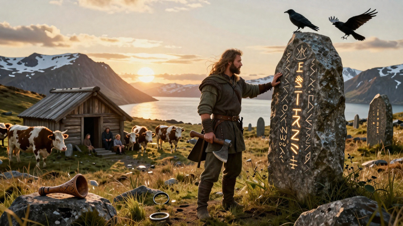 A Viking man with an axe touches a rune stone at sunset, with cows, a wooden hut, and mountains in the background.