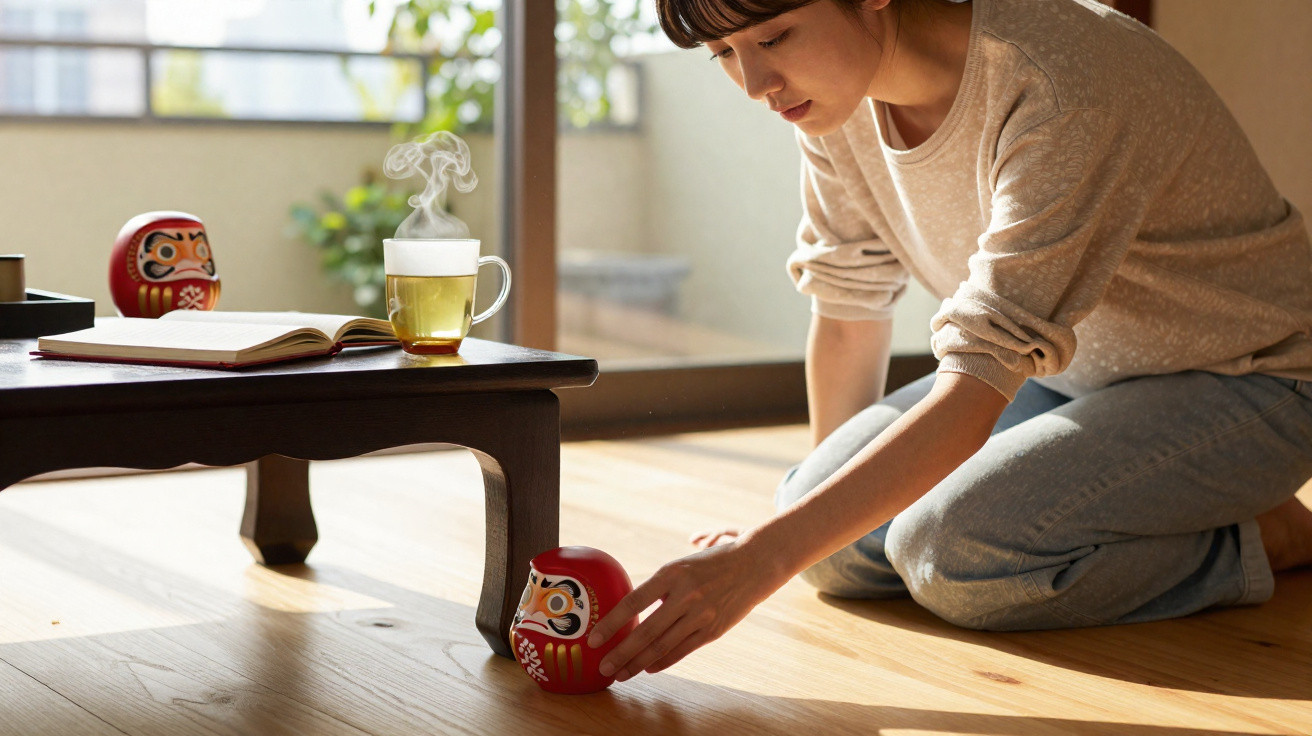 Person kneeling on wooden floor, reaching for a red Daruma doll near a low table with a steaming cup and open book.