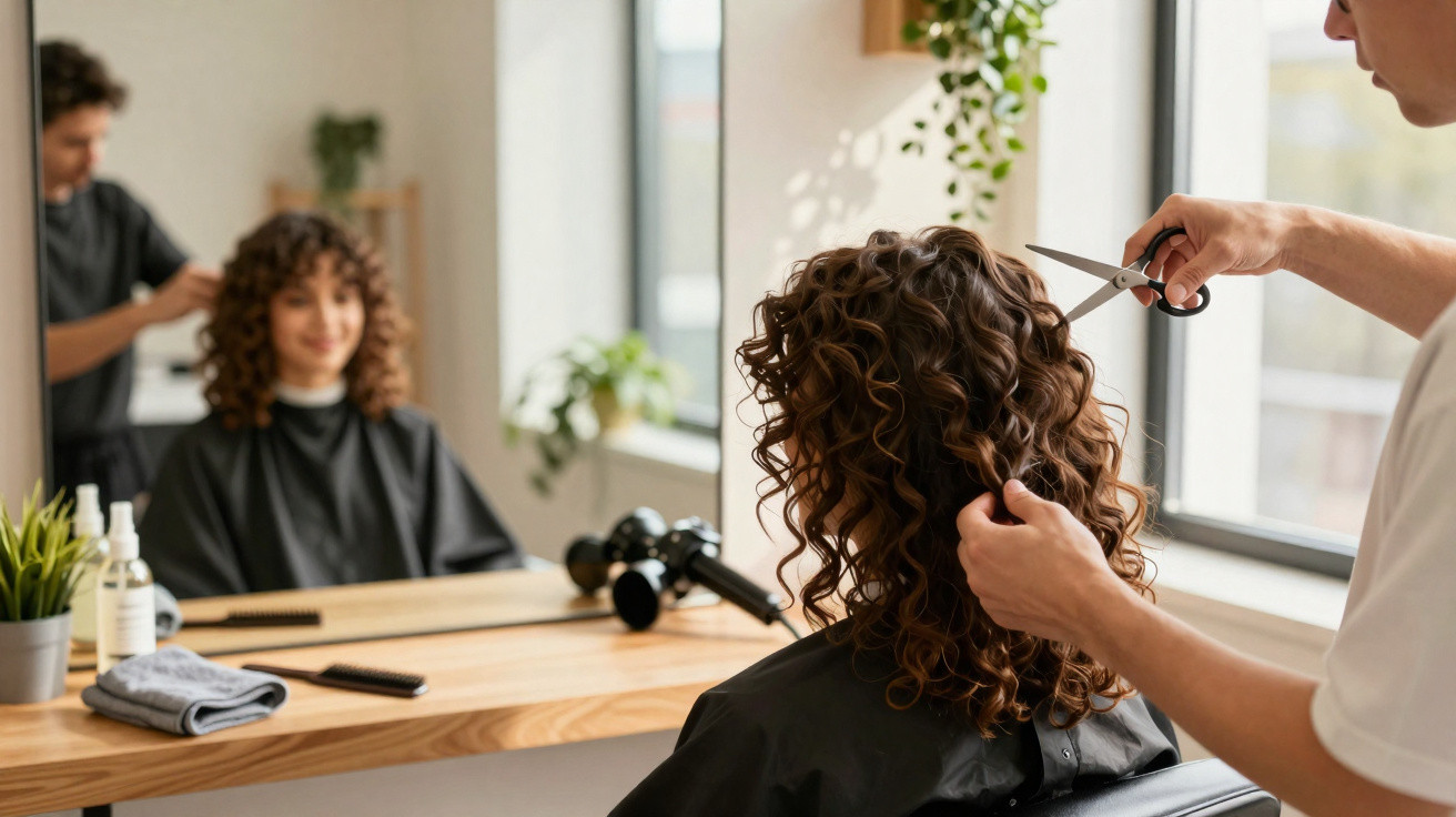 Hairdresser cutting a woman's curly hair in a bright salon with plants and hair tools on the table.