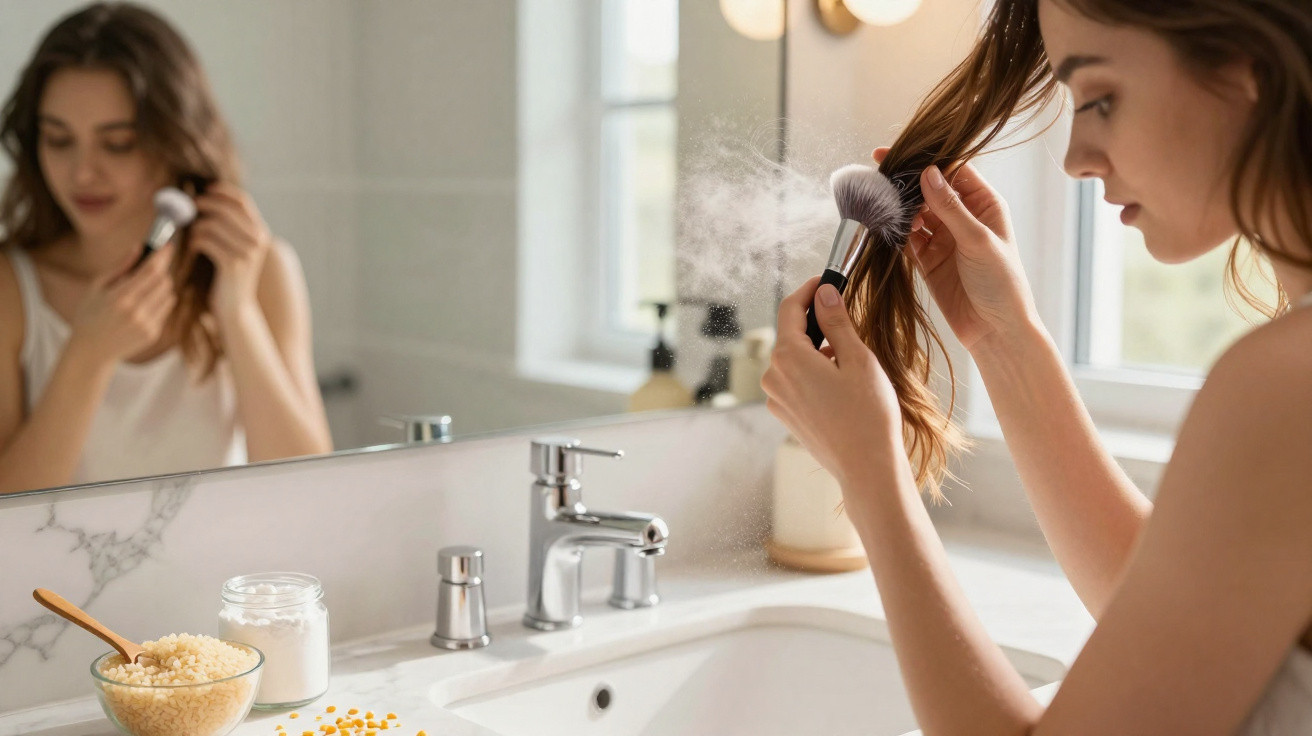 Young woman applying powder to her hair using a makeup brush in a bright bathroom.