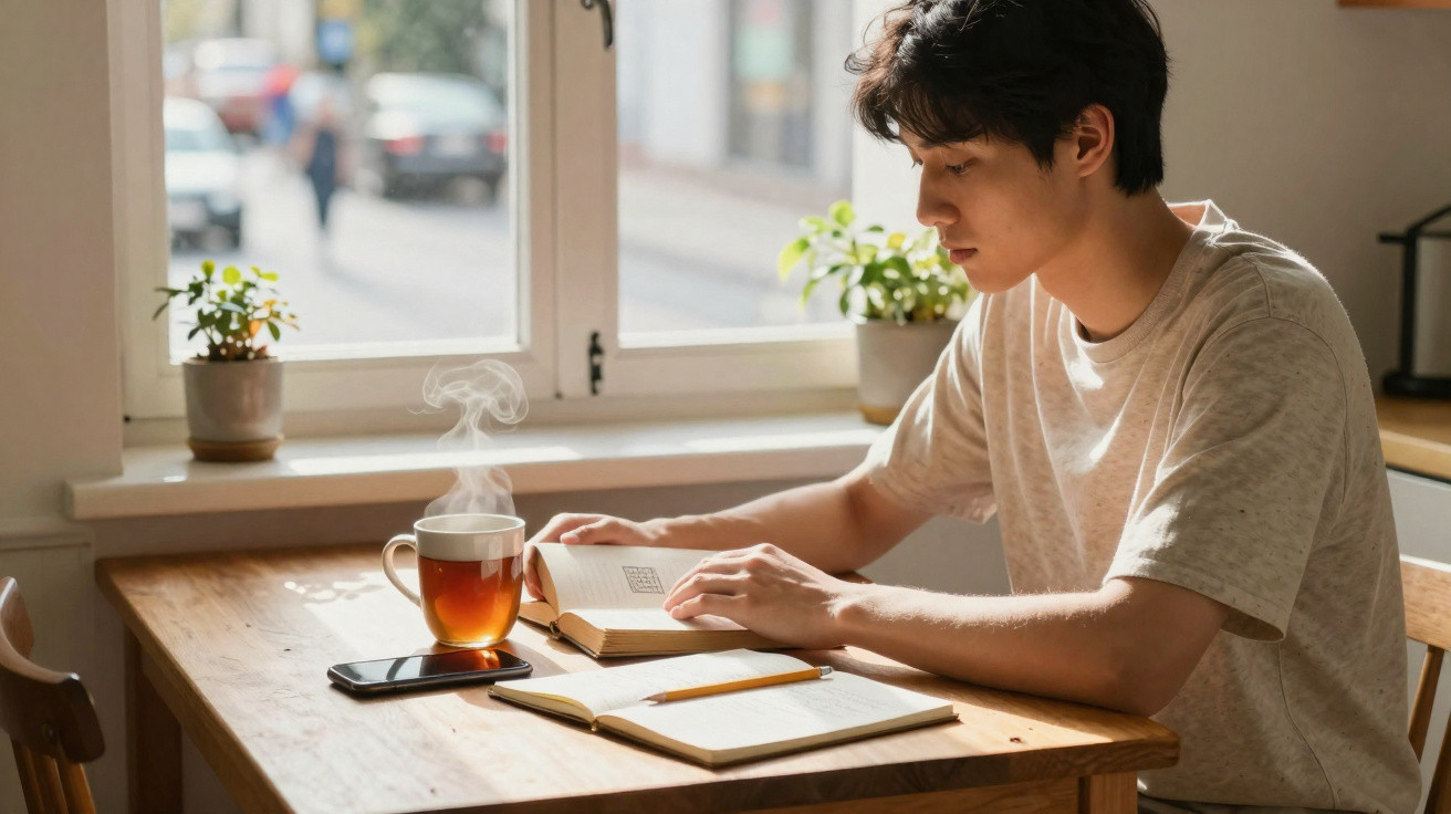 Young man reading a book at a wooden table with a steaming cup of tea, notebook, and smartphone by a window.