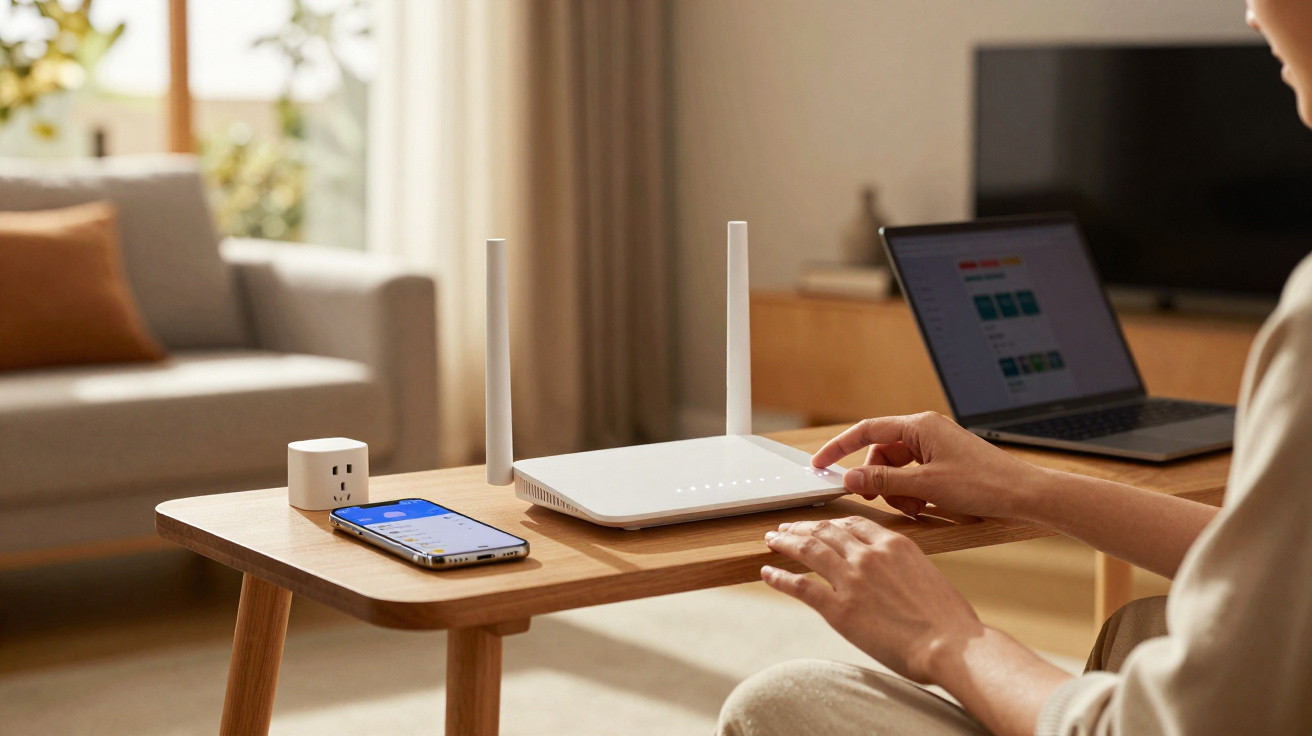 Person using a white Wi-Fi router on a wooden table with a smartphone and laptop in a living room.