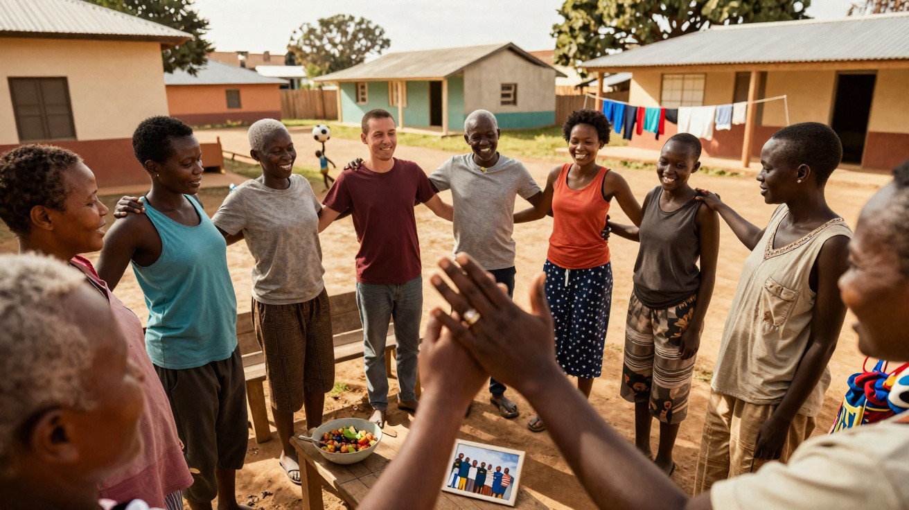 Group of people standing in a circle outdoors, smiling and linking arms in a rural village setting.