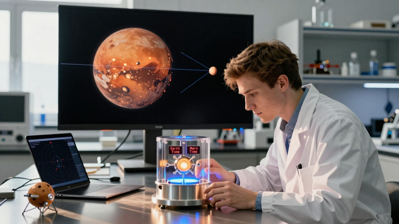 Scientist in lab coat examining glowing Mars and Earth model with Mars displayed on large screen in laboratory.