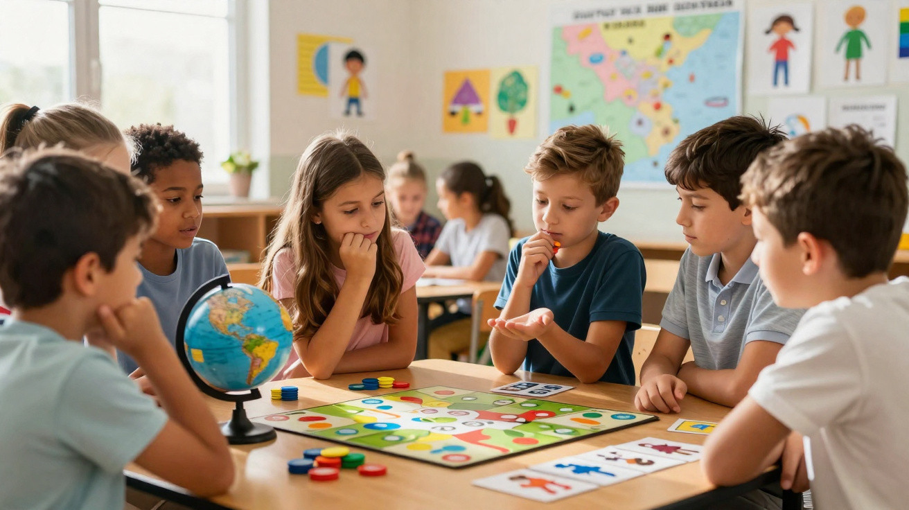 Group of children playing an educational board game together in a classroom setting with a globe on the table.