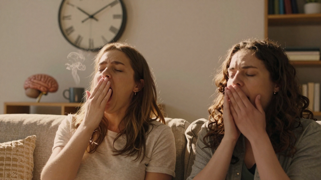 Two women sitting on a sofa yawning with a clock and bookshelf in the background.