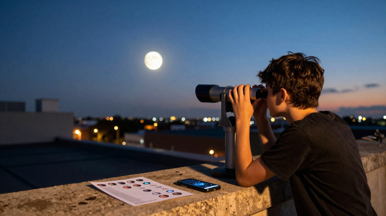 Boy looking at the full moon through a telescope on a rooftop at dusk, with a phone and star chart nearby.