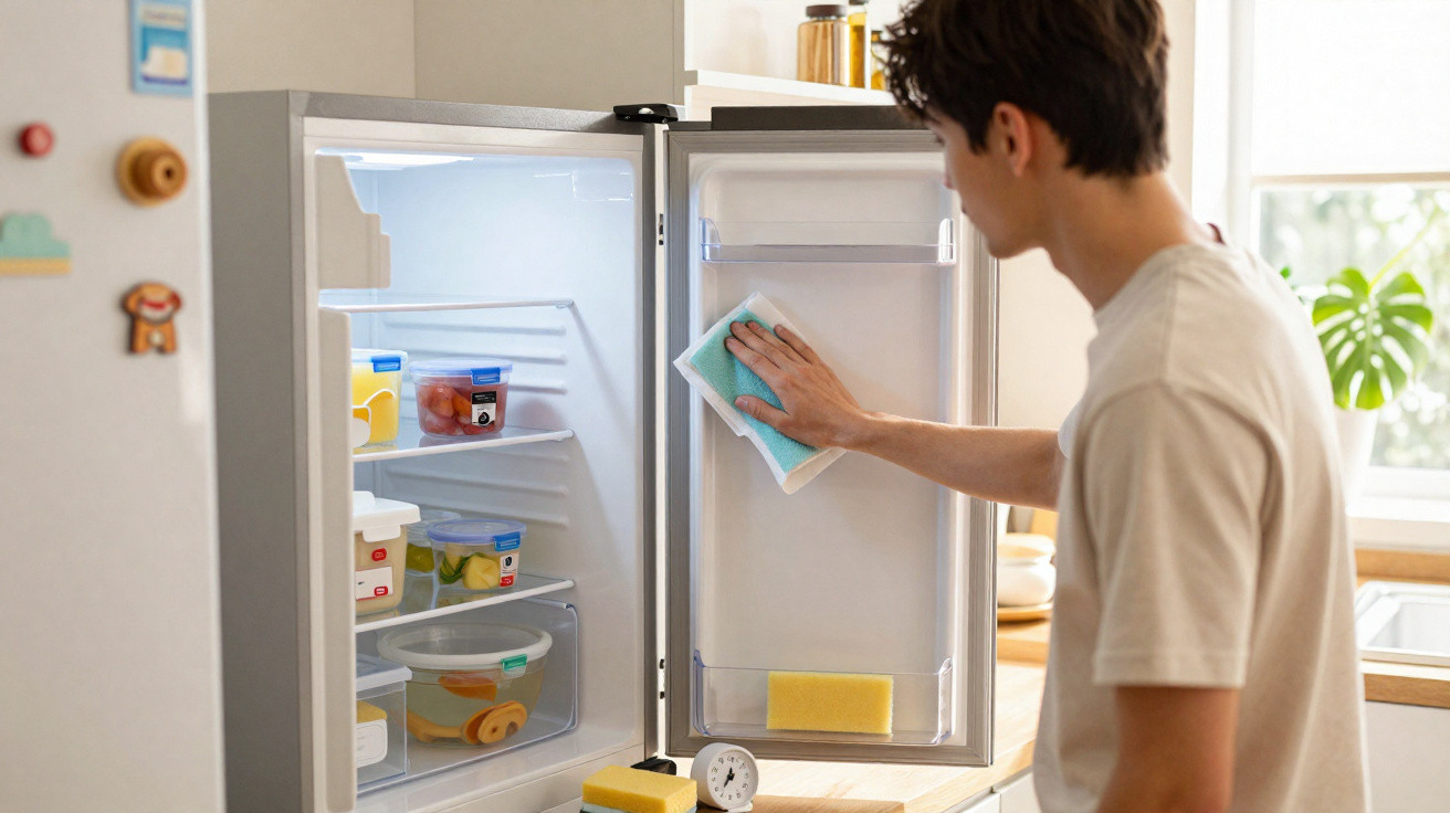 Person cleaning inside of an open refrigerator door with a sponge in a bright kitchen.
