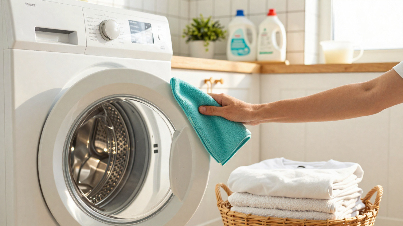 Hand wiping the door of a front-loading washing machine with a turquoise cloth in a laundry room.