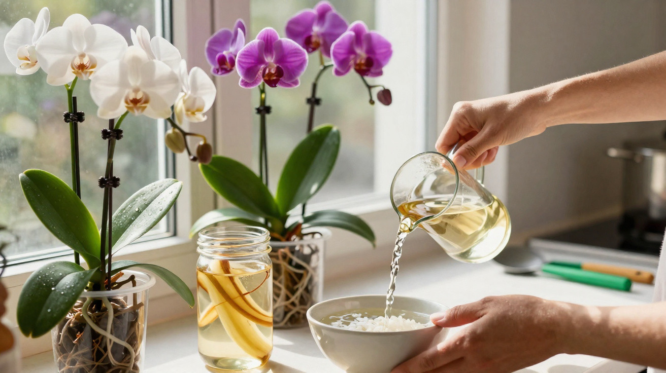 Hands pouring tea over a bowl of rice on a windowsill with white and purple orchids and a jar of infused water.