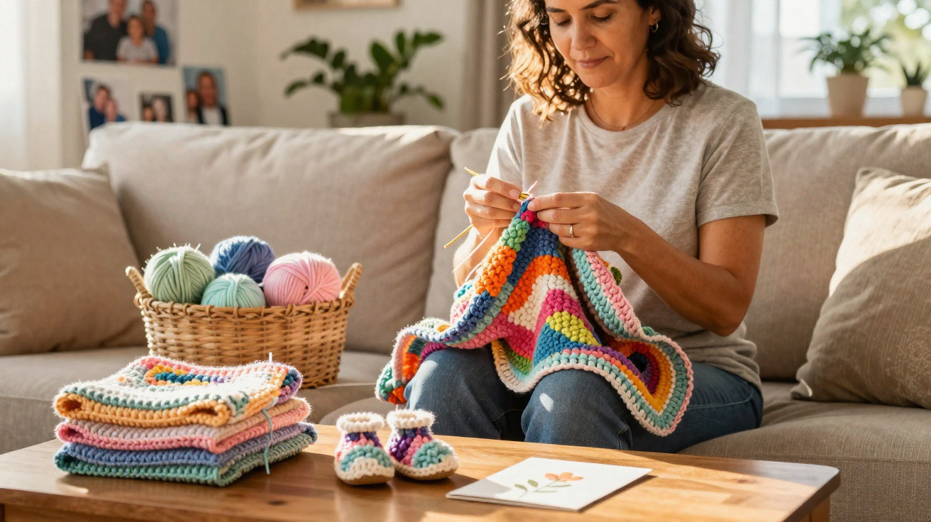 Woman crocheting a colourful blanket on a sofa with yarn basket, folded blankets, and baby booties on a wooden table.