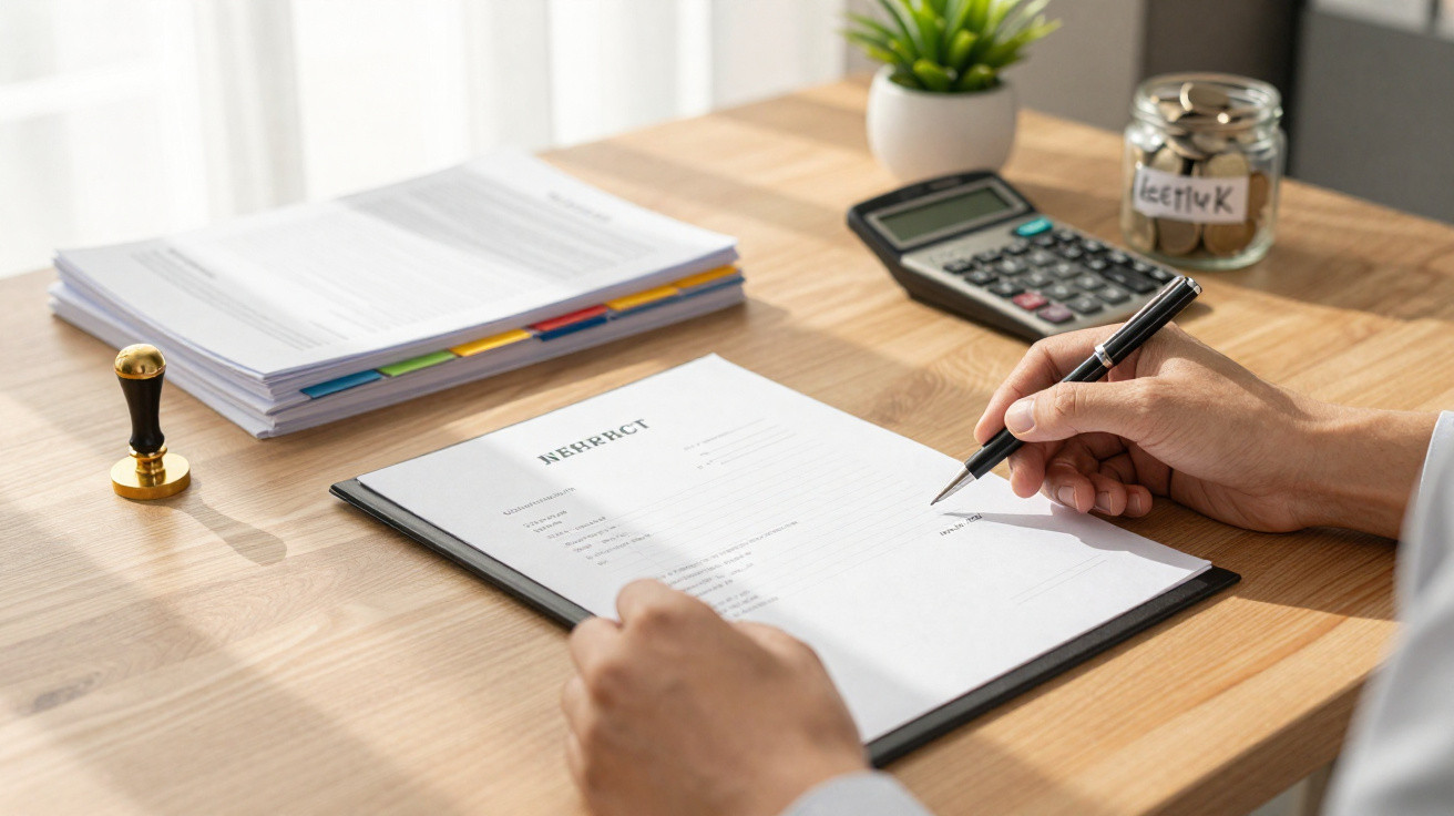 Person signing a contract on a wooden desk with a calculator, plant, stamps, and documents nearby