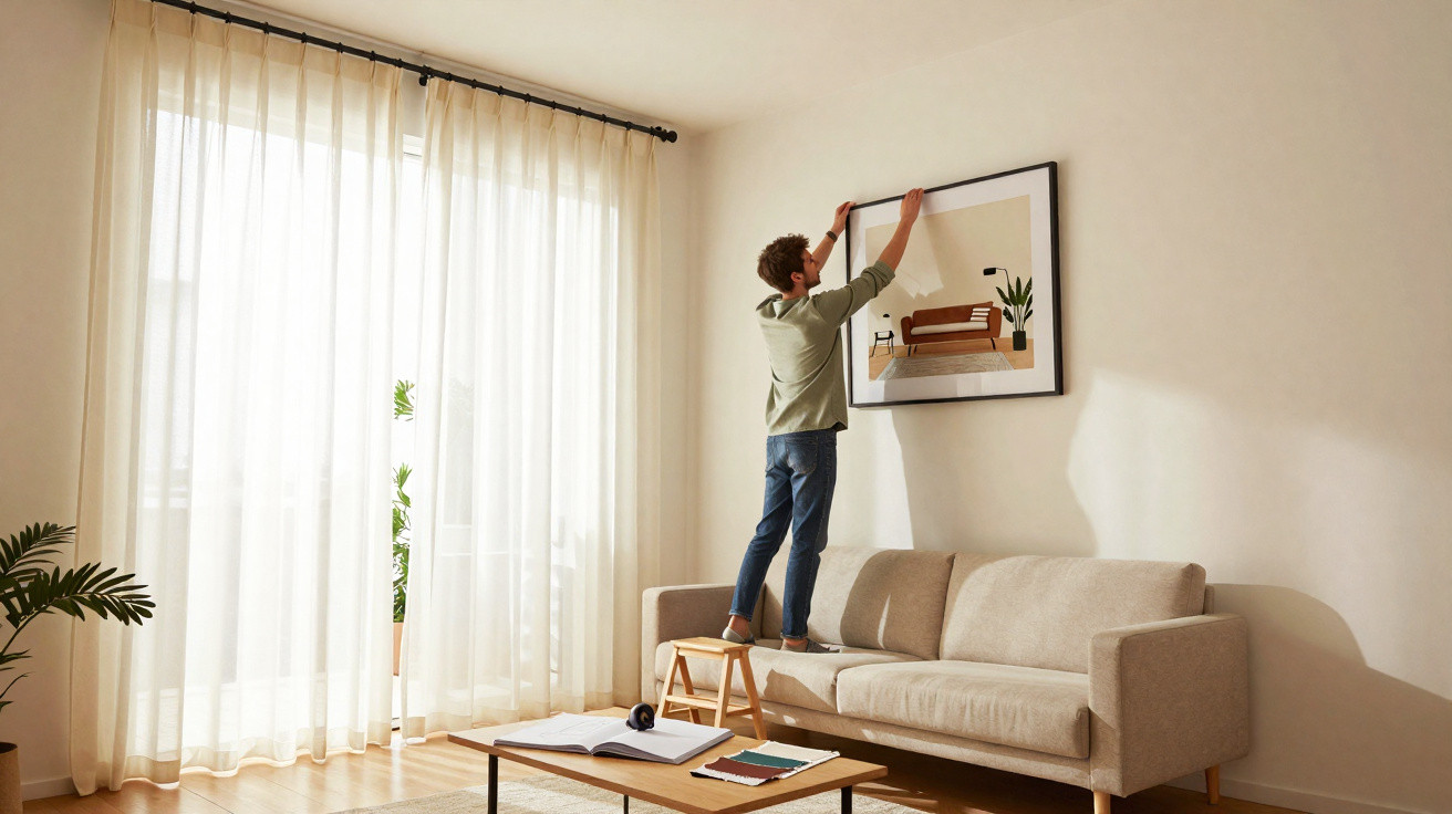 Man standing on a stool hanging a framed picture above a beige sofa in a sunlit living room.