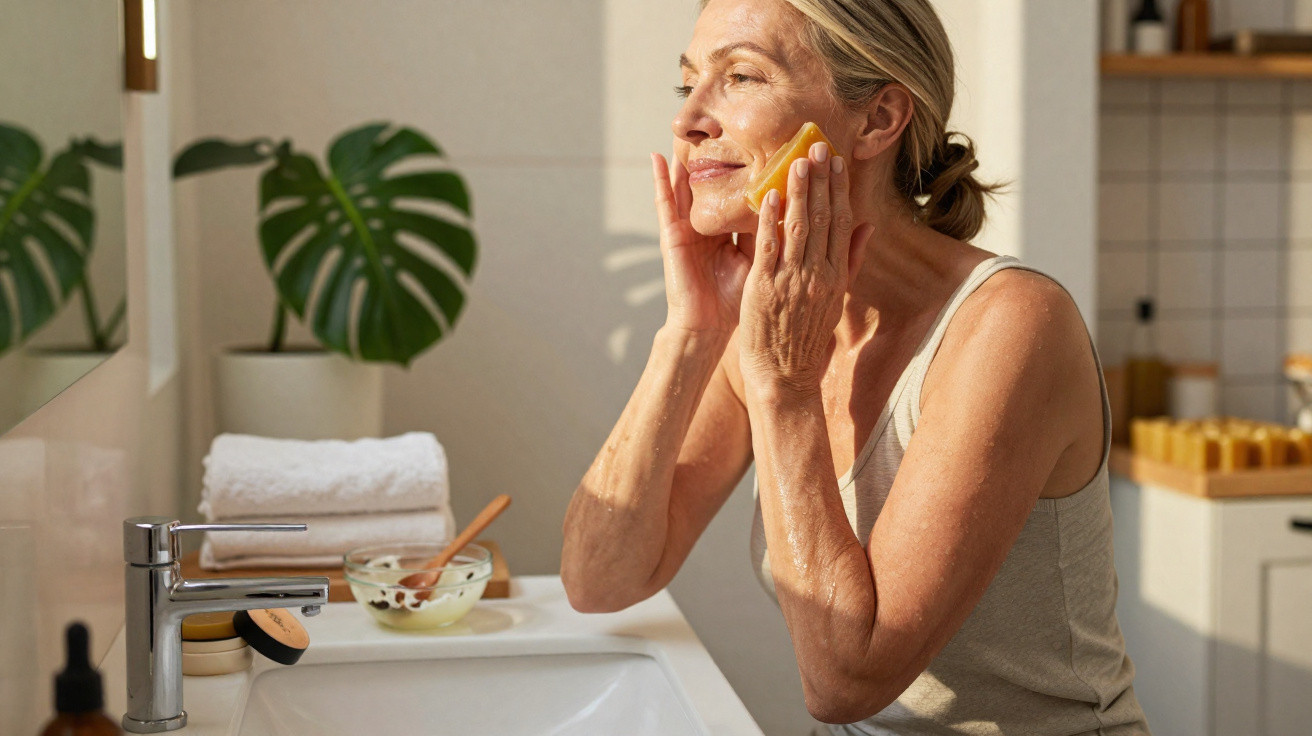 Mature woman cleansing her face with a sponge in a bright, modern bathroom by the sink.