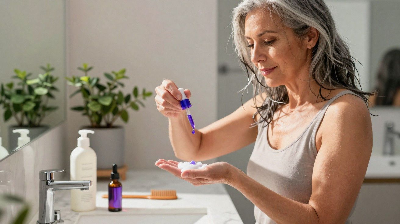 Mature woman in bathroom applying facial serum drops onto her hand with skincare products on the counter.