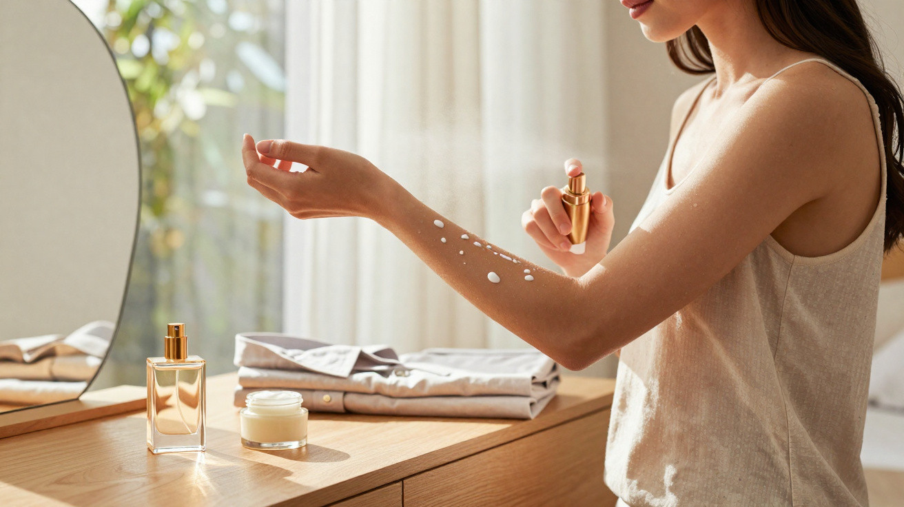 Woman applying perfume mist on her arm at a wooden dresser with skincare products and folded clothes.
