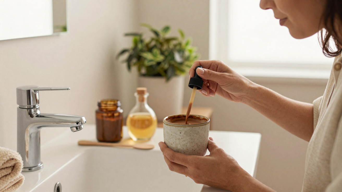 Person holding a cup and using a dropper with bathroom sink, towels, and bottles in the background.