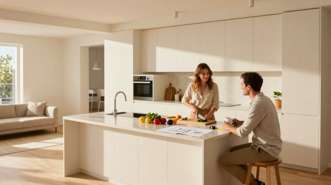 Couple chatting in a bright modern kitchen with white cabinets and a large island with fruit and plans.
